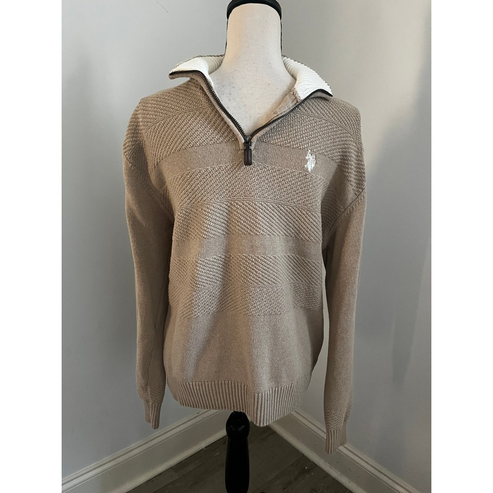 Polo Mens Quarter Zip Sweater Medium Beige Tan Knit Preppy Dadcore Old Money
